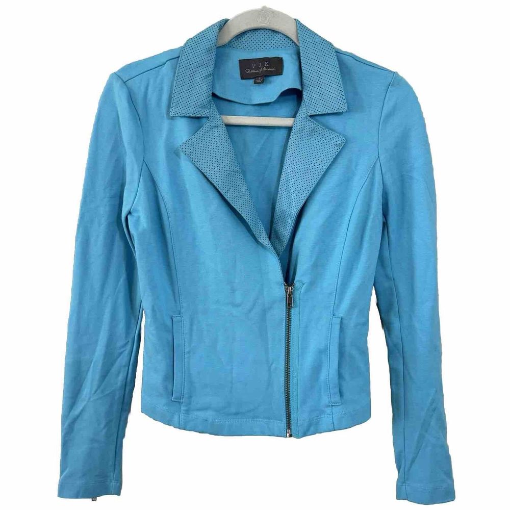 PJK PATTERSON J. KINCAID Teal Moto Lamb Real Leather trim Knit Blazer Jacket S